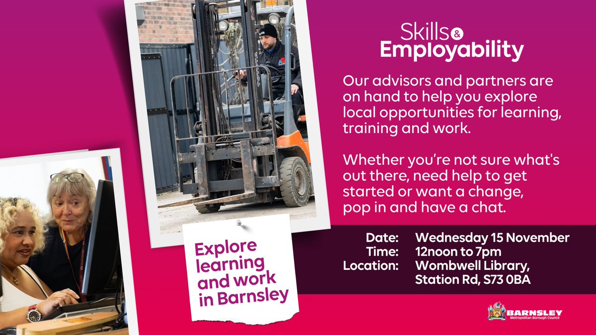 Explore skills and employability at Wombwell Library. Pop in on Wednesday 15 November from 12noon to 7pm. Are you looking to develop your skills, find new job opportunities, or do need some support to access learning and work? Find out more at barnsley.gov.uk/news/explore-s…