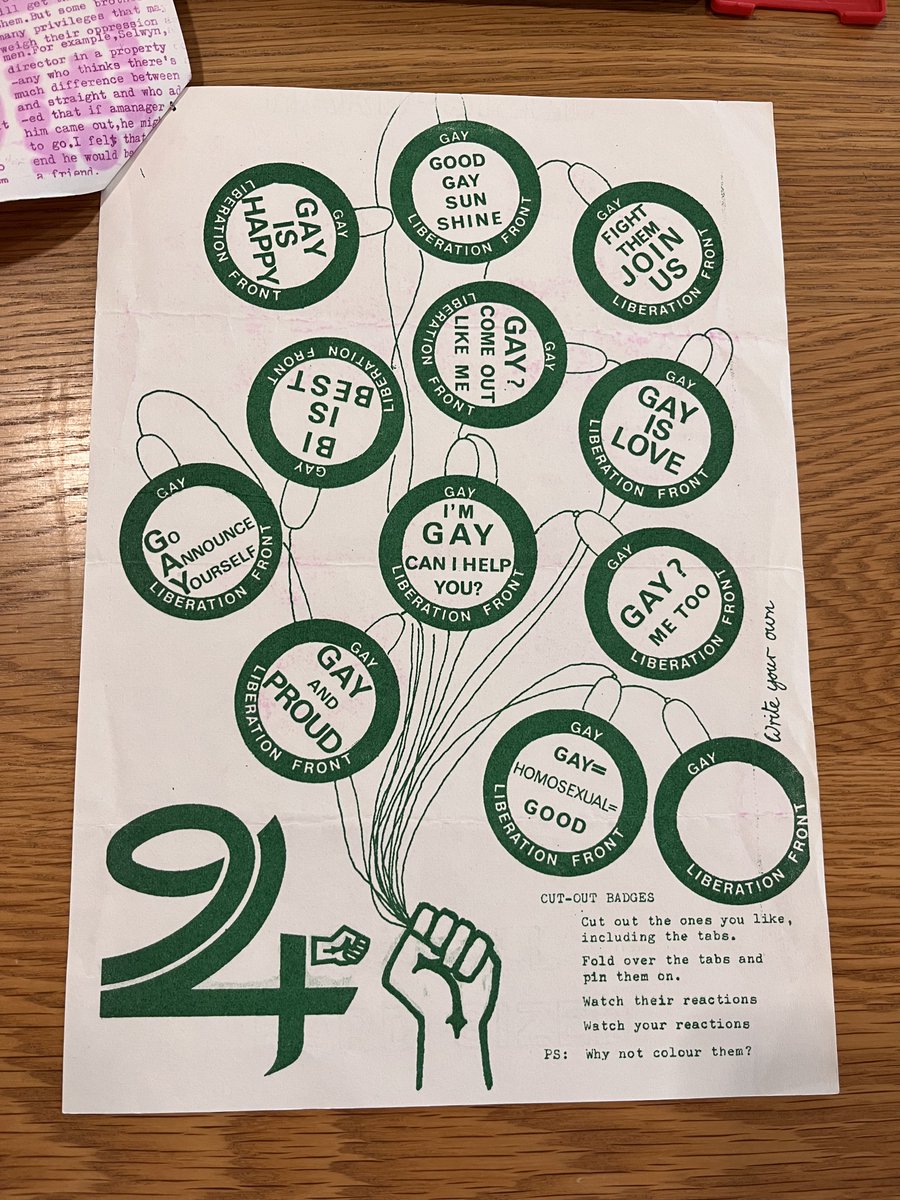 LSELibrary's tweet photo. First up is a Camden Gay Liberation Front (GLF) newsletter! 

They both liked the magenta used, as well as the delicate ornamentation added to break up the text.

The newsletter included a page to make your own badges! Which badge would you choose? https://t.co/H58QQlFs0u