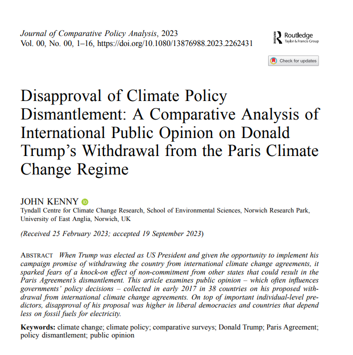 New #OpenAccess paper out at @JCPA_ICPA. Using 2017 Pew data across 38 countries from @RoperCenter, I examine individual/country-level predictors of disapproval of Trump's proposal at the time to withdraw the US from international climate change agreements
doi.org/10.1080/138769…