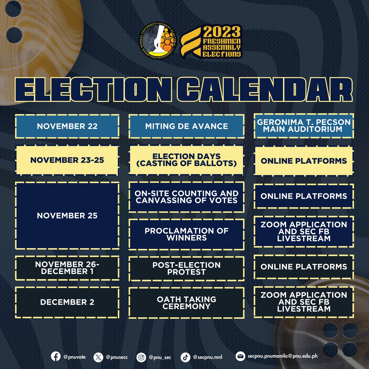 pnusecmnl's tweet photo. Following the approval of Board Resolution No. 105, we are pleased to present the Official Election Calendar for the 2023 Freshmen Assembly Elections. This calendar is designed to help the Batch Paralaya primarily, in staying informed about all important events and activities! https://t.co/4Sc2zS9aqk