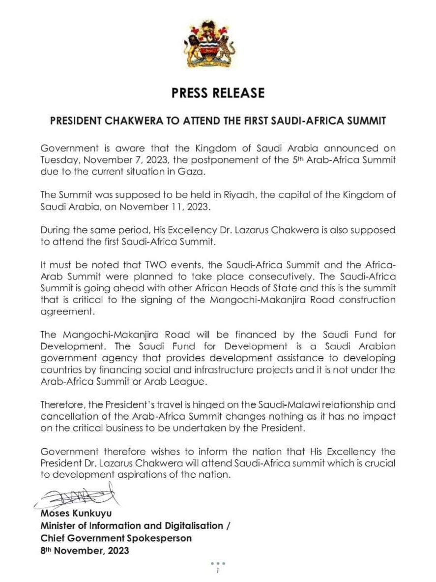 MalawiGovt's tweet photo. Press Release:

President Chakwera to attend the first Saudi-Africa Summit. https://t.co/74CcLIaHA1