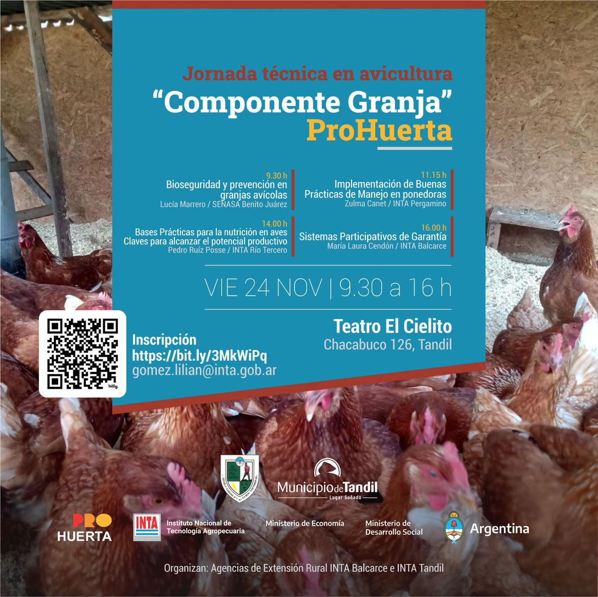 INTATandil (@intatandilcm) on Twitter photo #tandil #jornada #avicultura
Jornada técnica en avicultura: "Componente Granja"
Vie 24 de nov - 9.30hs.
Teatro El Cielito - Chacabuco 126 - Tandil.
Inscripción: bit.ly/3MkWiPq
gomez.lilian@inta.gob.ar #tandil #jornada #avicultura
Jornada técnica en avicultura: "Componente Granja"
Vie 24 de nov - 9.30hs.
Teatro El Cielito - Chacabuco 126 - Tandil.
Inscripción: bit.ly/3MkWiPq
gomez.lilian@inta.gob.ar