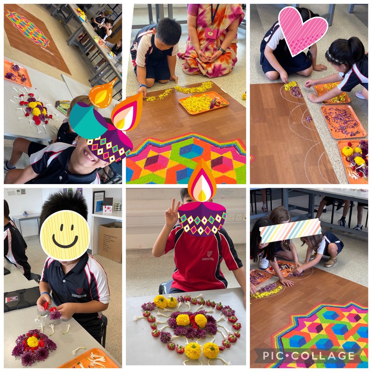 My G2 artists enjoyed experimenting with colors & symmetry with fresh flowers designing a Pookkolam (flower rangoli) with friends collaboratively. Pookolams are done as indoor decorations during festivals. #deepavali celebrations at #saisrocks #sensory #sustainabledecoration