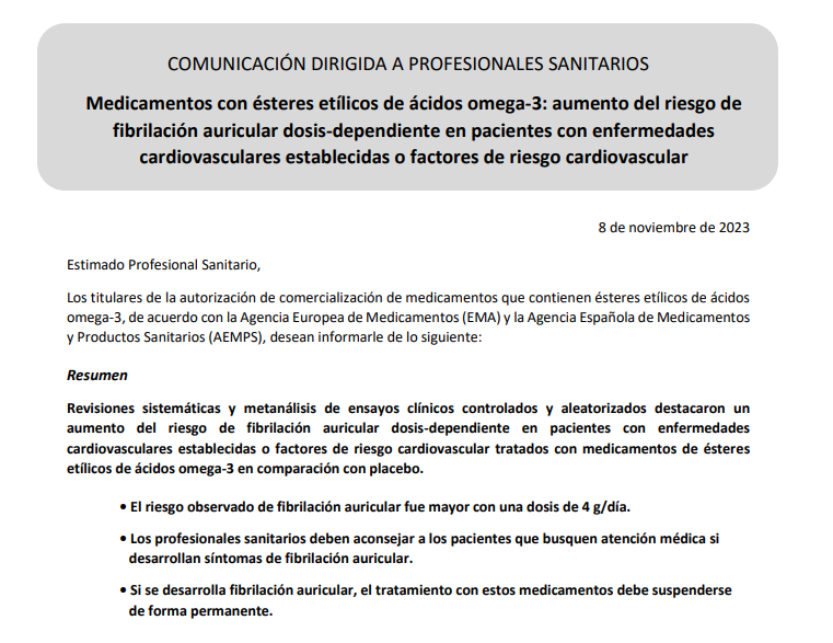 sefh_'s tweet photo. ⚠️Aumento riesgo de fibrilación auricular (FA) dosis-dependiente en pacientes con enf. cardiovasculares establecidas o factores de riesgo CV tratados con medicamentos de ácidos grasos omega-3 vs placebo

🏥Si síntomas FA: buscar atención
🚫Si FA: suspender https://t.co/dGXAgjzzId https://t.co/YUeclaNGm9