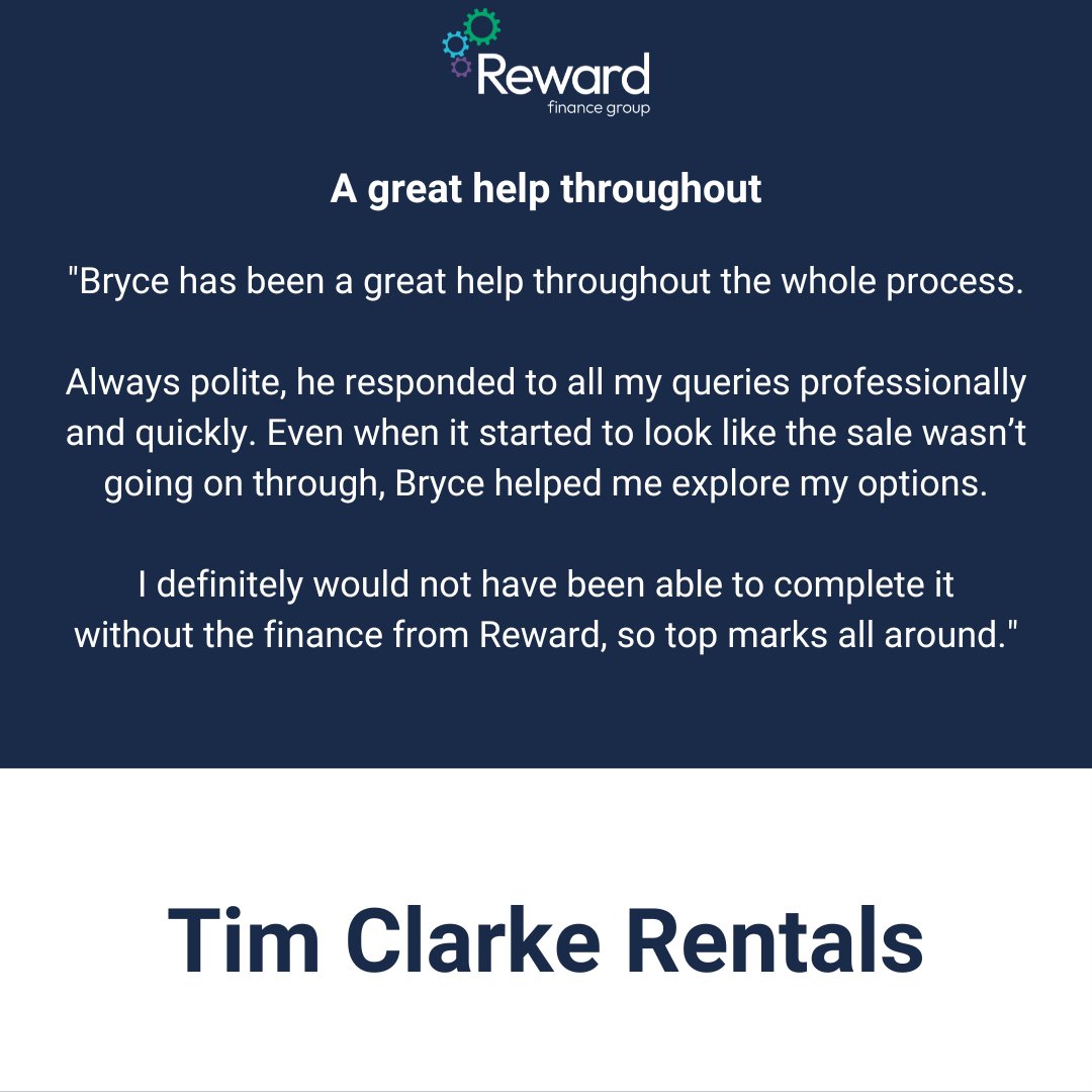 Great feedback from Tim Clarke Rentals.

As always, the Reward Team offered a proactive approach in finding the right solutions at the right time.

Learn more about Reward by visiting our website > ow.ly/p1Wt50Q5p7h.

#Reward #AssetBasedLending #FinanceSolutions