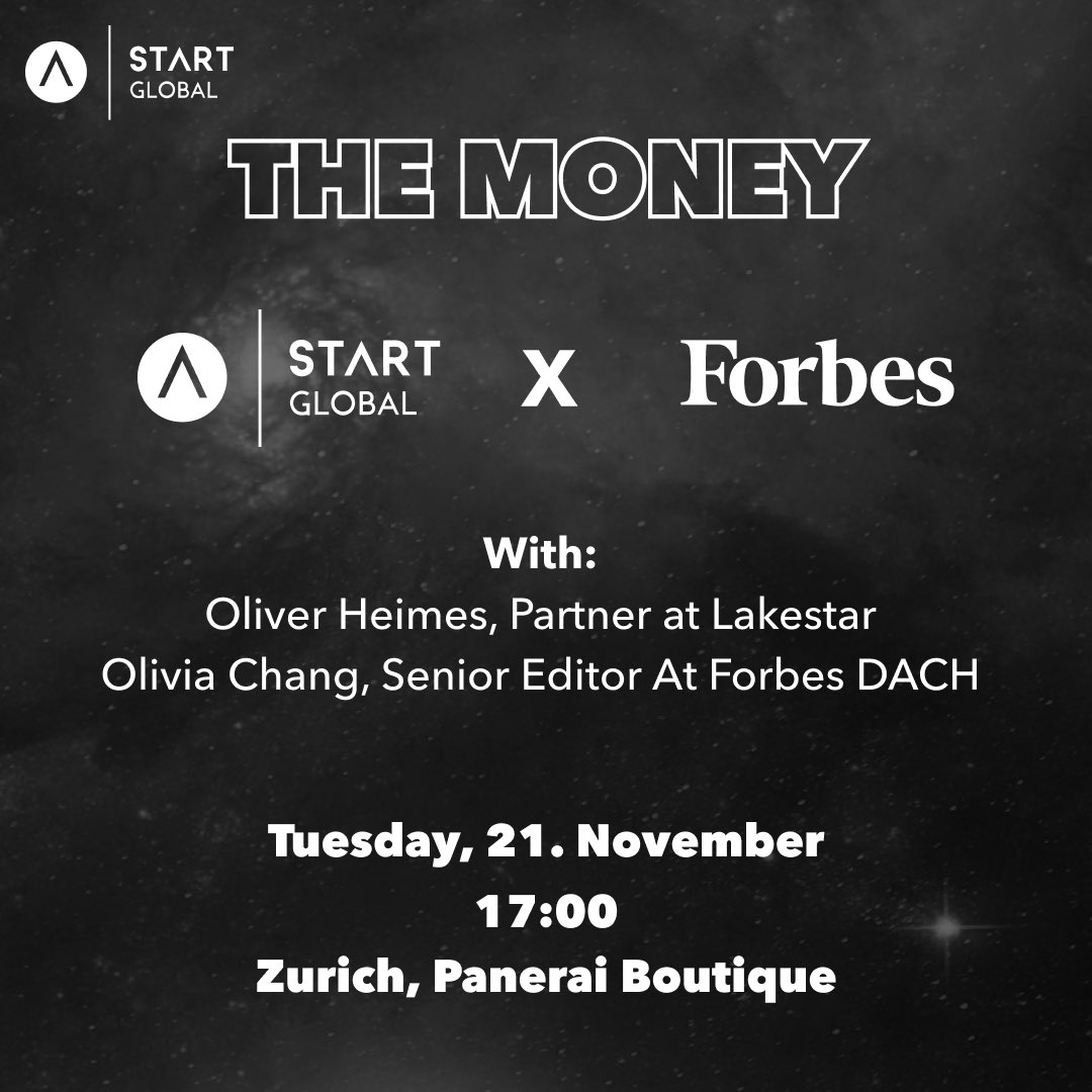 📆 Save the date: Tuesday, November 21st at 17:00 
📍 Live Event at the Panerai Boutique (Zurich)
🎙️ Speaker: Oliver Heimes, Partner at Lakestar
🎤 Moderator: Olivia Chang, Forbes DACH 

To join, sign up with the link in the here: forbes.swiss/forbes-start/s… 

#STARTGlobal #Forbes