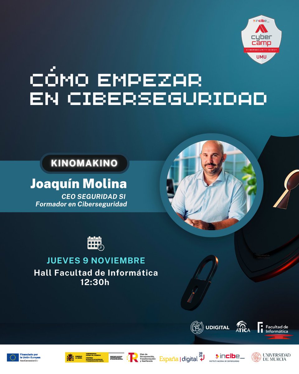 🔐¿Quieres adentrarte en el mundo de la #ciberseguridad ?
💡No te pierdas el próximo #cafeTIC de #CyberCampUMU con Joaquín Molina @kinomakino
🗓️Jueves 9 noviembre
⏰12:30h
📍Hall Facultad de Informática
Plazas limitadas
➡️Link a la inscripción en el siguiente tweet!