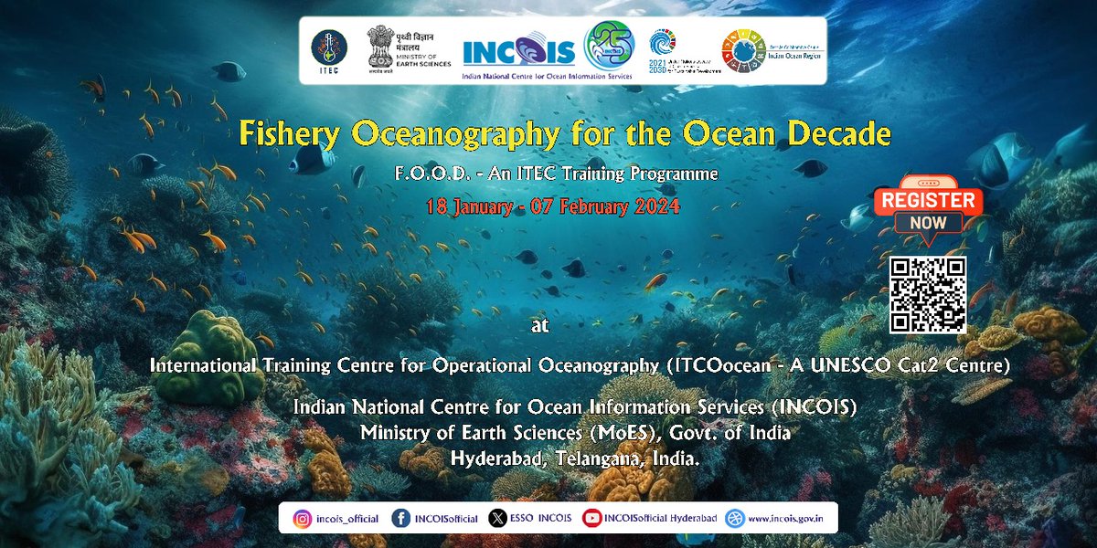 📣 ITCOocean (a <a href="/IocUnesco/">UNESCO Ocean</a> Category-2 Center) #INCOIS #Hyderabad announces fully funded #international #training on #Fishery #Oceanography supported by <a href="/ITECnetwork/">ITEC</a>. 

📆 Applications open till 18 Dec, 2023.

💡 More details in flyer. Scan #QR or visit: incois.gov.in/ITCOocean/itco…