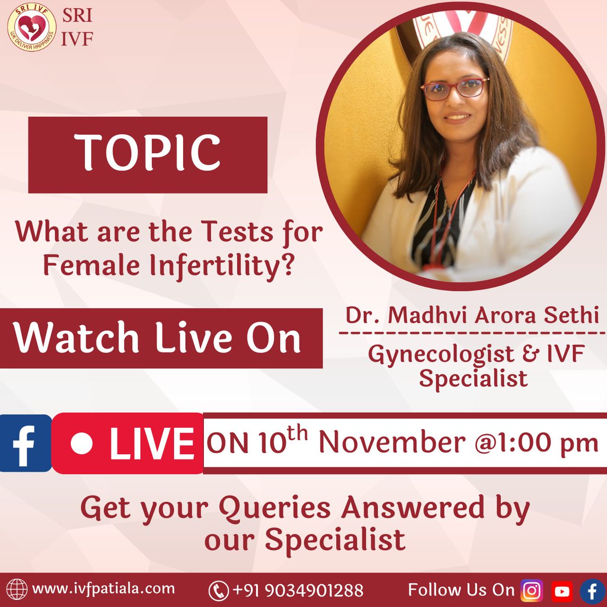 sriivf's tweet image. Join the live session on Facebook with Gynaecologist &amp;amp; IVF Specialist | Dr. Madhvi Arora Sethi
On 10th November 2023
#femaleTests #femaleinfertility #FertilityTesting #FertilityAwareness #InfertilityTests #fblive #infertilitytreatment #IVF #sriivf #patiala #punjab #sriivfpatila