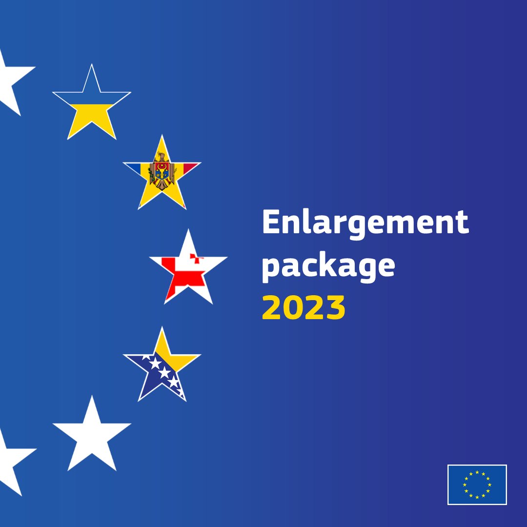 Another historic step for the citizens of 🇺🇦🇲🇩🇬🇪🇧🇦 regarding their 🇪🇺 aspirations. We’ve adopted our 2023 Enlargement Package recommending to open negotiations with Ukraine and Moldova, to grant candidate status to Georgia, and to open accession negotiations with Bosnia and