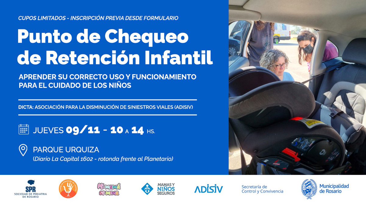 El próximo 09/11 estaremos de 10 a 14 h en el Parque Urquiza junto a <a href="/ADISIV_/">@ADISIV</a> realizando un Punto de Chequeo de Retención Infantil para cuidar a nuestros niños y contribuir a reducir siniestros viales. 

Inscribite acá: docs.google.com/forms/d/e/1FAI…
Los esperamos.