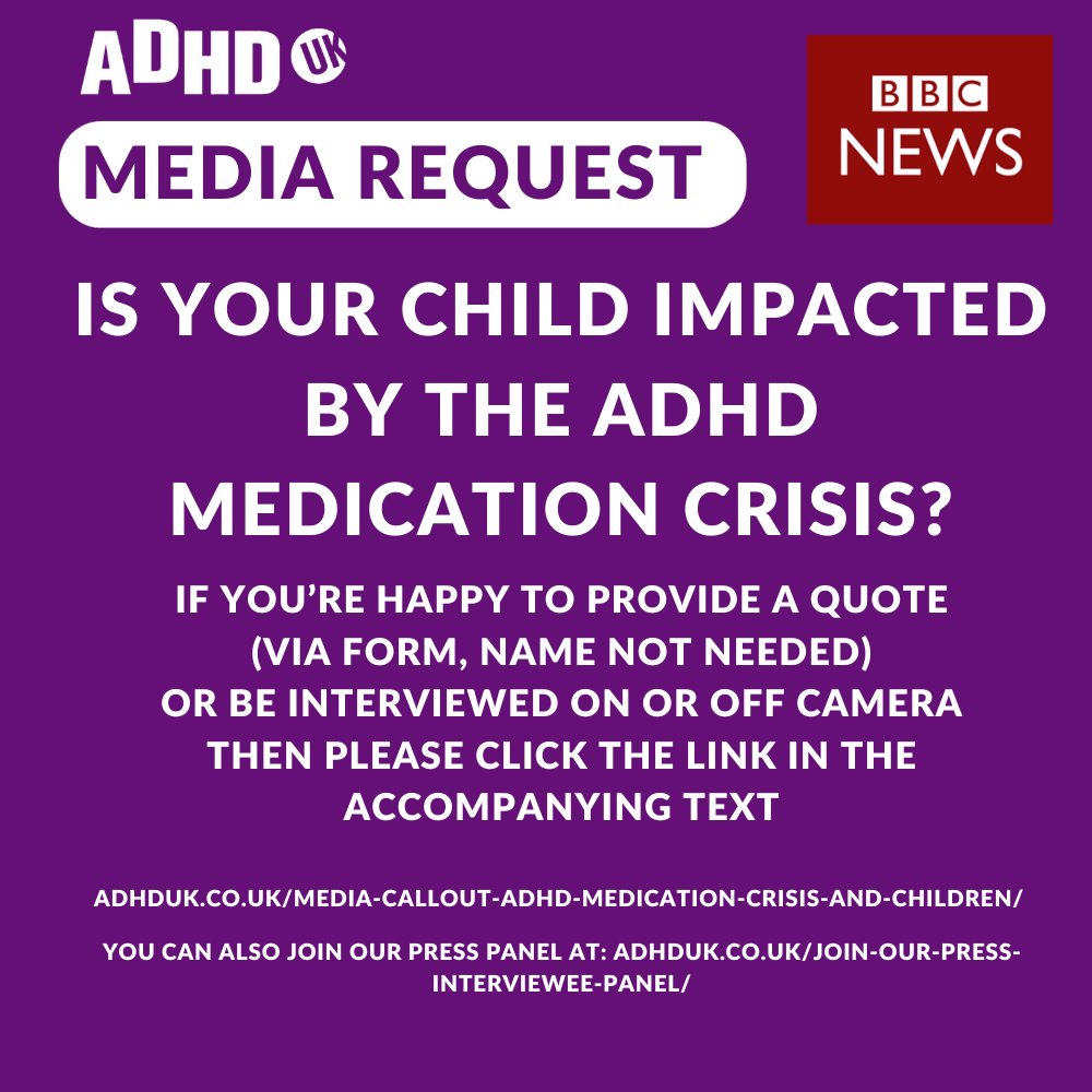 ADHDUKcharity's tweet photo. Is your child impacted by the ADHD medication crisis?

If you are happy to provide a quote (via form, name not needed) or be interviewed (on or off camera) then please click here: https://t.co/C3iAGRo4JW https://t.co/r92fvKT9Tb