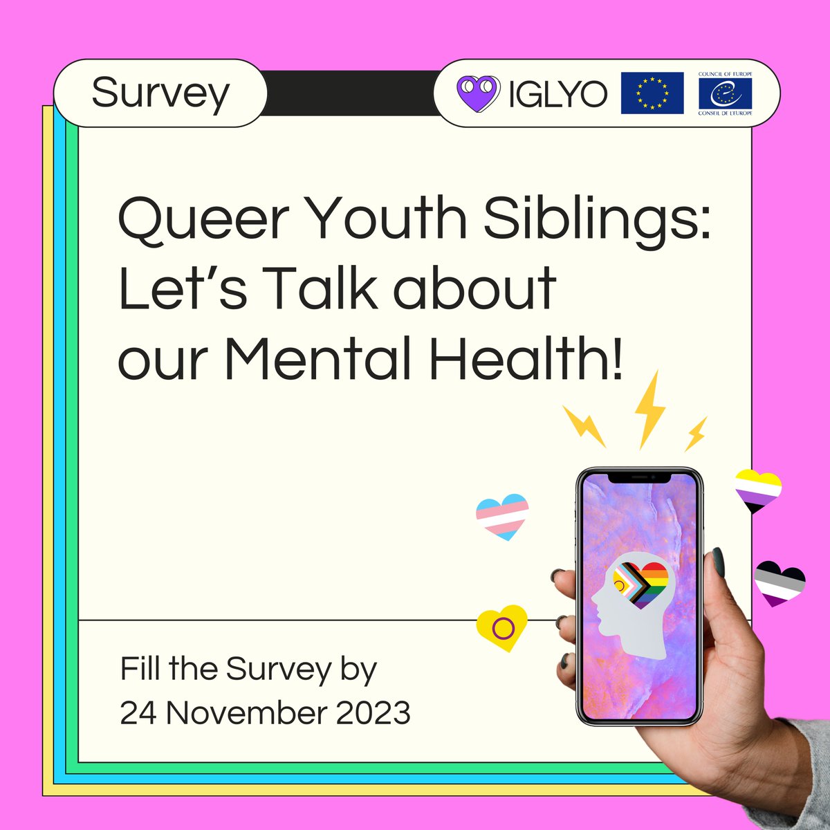 IGLYO's tweet image. ⚡ NEW #SURVEY ⚡

Are you an #LGBTQI young person between 14-30 years old based in the Council of Europe Region? Take our survey to ensure our needs as queer youth are considered and met when it comes to #MentalHealth!

🔗 Take the survey by 24/11: surveymonkey.com/r/IGLYOMentalH…