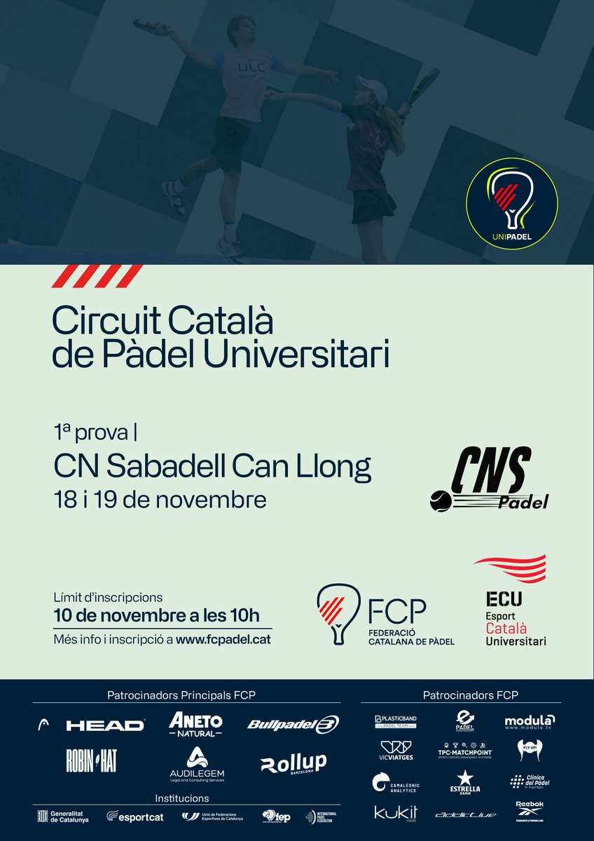 ESPORTSURL's tweet photo. #UNIPADEL I Si t'agrada el pàdel tens fins al dia 10 de novembre per inscriure't a la 1a prova del Circuit Català de Pàdel Universitari 🥎
➡️ Per a més informació i inscripcions: https://t.co/VLSNfGmbr6
#EsportsURL #EsportUniversitari https://t.co/7Coumpt2Dv
