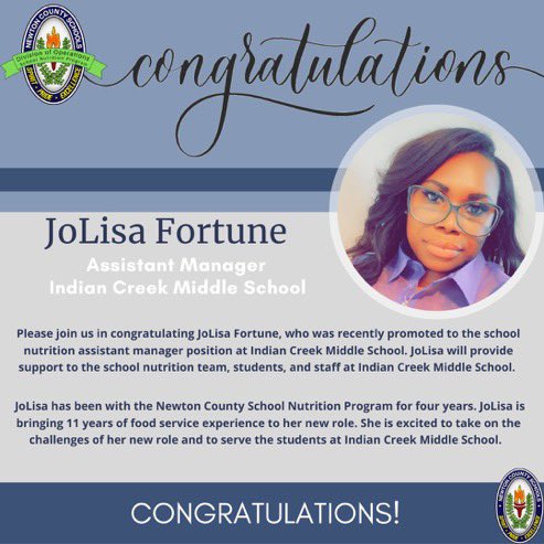 NutritionNCSS's tweet image. Update: JoLisa Fortune is now the School Nutrition Assistant Manager at @indiancreekmid! Congratulations! #NCSSBeTheBest #NCSSWorkingTogether