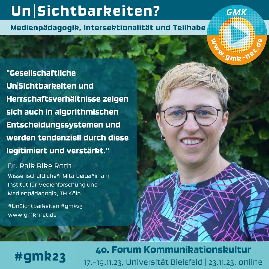 Seid ihr zum Forum angemeldet? 
Vom  17.-19. November treffen wir uns im Bielefeld und besprechen das Thema "Un|Sichtbarkeiten - Medienpädagogik, Intersektionalität und Teilhabe".

Es gibt noch wenige Restplätze. Also meldet euch noch schnell an!
gmk-net.de/veranstaltunge…
#gmk23