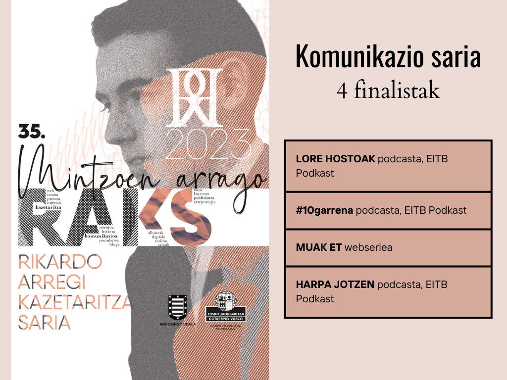 📰🎙️📹 2023ko Komunikazio sarirako 4 finalistak

🗓️ Azaroaren 29an izango da sari banaketa ekitaldia, Andoainen

📲rikardoarregikazetaritzasaria.eus