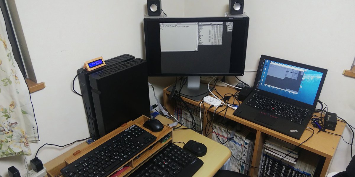 ShirohSuzuki's tweet photo. 実機を入手して2年経過していました。#JMMCSCSI、#PXBKT-AES(モニター参加!)、#x68kserremote が新たに加わりました。x68kserremoteとtantanさん作 #RSSN がRS-232Cを取り合うのが悩みの種です。作者の皆様に感謝申し上げます。
大きい机を導入するのが次の課題です。 https://t.co/kFZhKfGruf