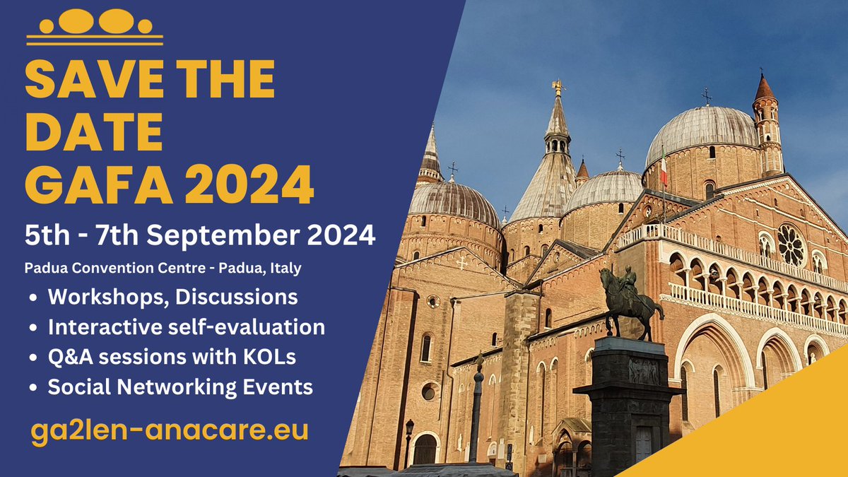 IT'S THAT TIME AGAIN ‼️ GAFA TIME ‼️

We are looking forward to return to lovely Padua and want to invite YOU to be there with us! 

✅Workshops 
✅Q&amp;A Sessions with KOLs
✅Interactive self-evaluation
✅Social Networking Events

Save the date and stay tuned for more details!