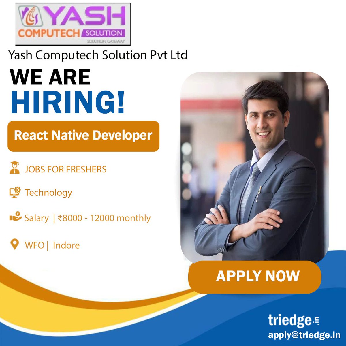 Triedge_in's tweet image. Yash Computech Solution Pvt Ltd is providing job opportunities for the role of react native developer. Apply with your resume at apply@triedge.in.
#reactnativedeveloper #developer