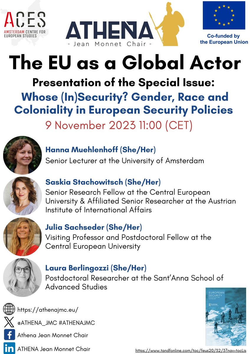 We are very happy to have @HLMuehlenhoff, Laura Berlingozzi, and @saskiastachow with us tomorrow as part of @BourisDimitris MSc course 'The #EU as a Global Actor” at the #UvA, to talk about #Gender #Race and #Coloniality in #EUSecurityPolicy