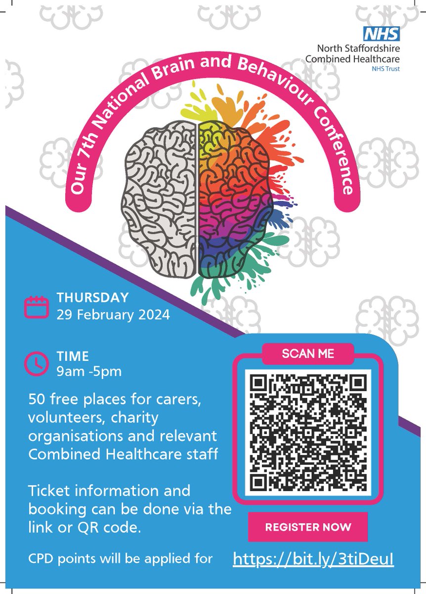 CombinedNHS's tweet photo. Join us for the launch of the 7th National Brain and Behaviour Conference on 29 February 2024 at the DoubleTree by Hilton, Stoke-on-Trent.

For more information and to book your space, please see the poster below or visit https://t.co/9R5bGsahOI.
#BrainandBehaviour https://t.co/jEkya4JXAf