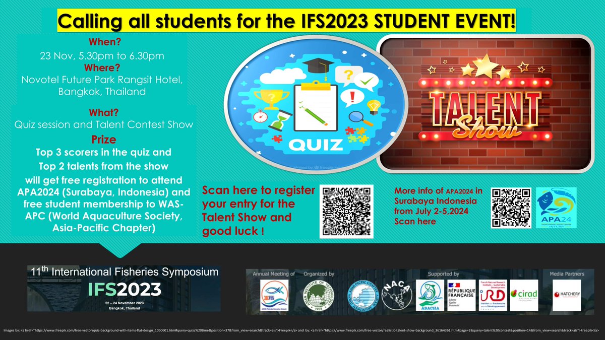 WASAPC's tweet image. Calling all students for the IFS2023 STUDENT EVENT! AIT has organized IFS2023 and with WAS-APC for the student events.  We would like to invite the student to attend this show and join the quiz sessions and Talent contest show.The winner will get free registration to attend APA24