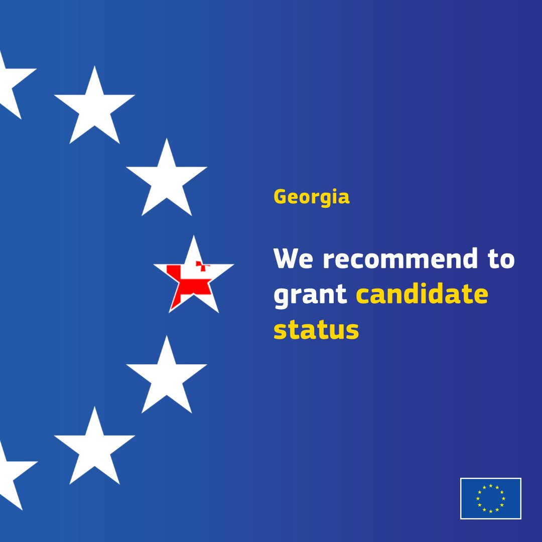 EU_Commission's tweet image. Georgia has taken steps to strengthen engagement with the EU and increased pace of reforms in the recent months to address the twelve priorities identified in its membership application.

We recommend that the @EUCouncil grants candidate status to Georgia on the understanding…