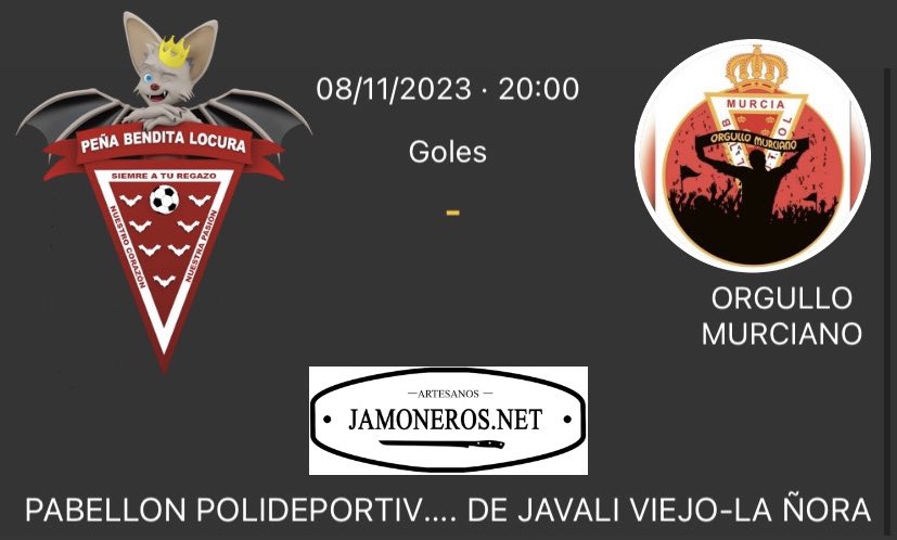 ⚔️ 𝗠𝗔𝗧𝗖𝗛𝗗𝗔𝗬 ⚔️

Hoy, Miércoles 8 de Noviembre, nos enfrentamos a nuestros amigos de <a href="/OrgMurciano1908/">Peña Orgullo Murciano</a>  en la J2 de <a href="/LigaFepemur/">Fútbol Sala Fepemur</a>:

⏱️20:00h✔️
📍Pab. Jabalí Viejo (La Ñora)✔️

VAMOS BENDITOS LOCOS💪❤️🤍

<a href="/comprarjamonero/">Inmaculada Garrido</a> #BenditaLocura #RealMurcia #Fepemur
<a href="/P_BenditaLocura/">Peña Bendita Locura</a>