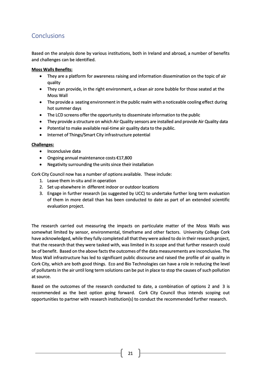 oliver_moran's tweet photo. Conclusions from the report on Cork's #RobotTrees.
In 2021, I sought a report on their effectiveness providing a 'clean air bubble' from air pollution.
At 185 pages, I can't fault the depth of that report now — but without evidence of their benefit, I think we should call time. https://t.co/sgxZAakoeT