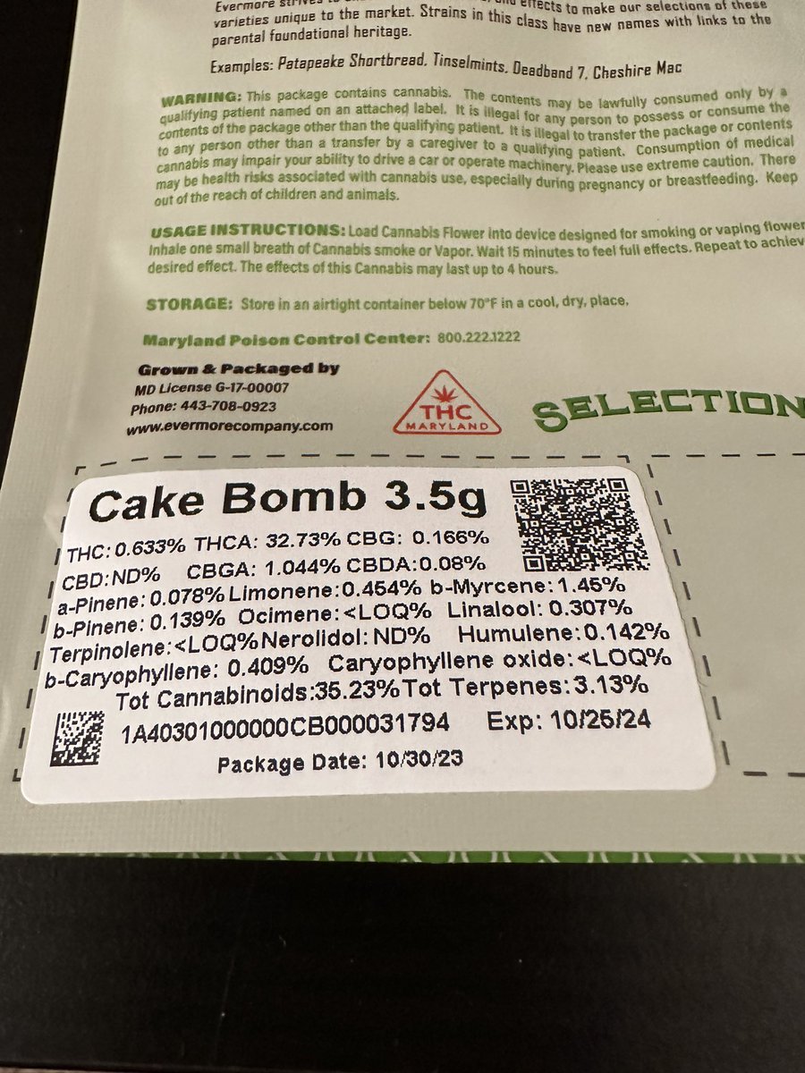 ehonda500mob's tweet photo. Cake Bomb
[Do-Si-Dos x PCS1]
PCS1 = [Wifi 3 x (Scotts OG x Casper OG] 
@EvermoreCanna 

THCa: 32.73%
Terps: 3.13%

Dominant Terps:
Myrcene: 1.45%
Limonene: 0.45%
Caryophyllene: 0.40%

Flavor Profile:
OG’s and Gas

Aroma: Sweet and Gassy https://t.co/hzzUqRJUjv