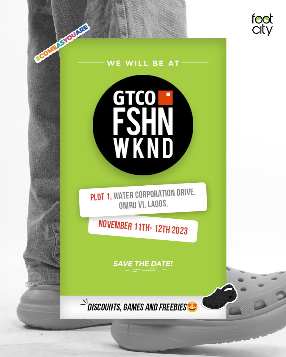 FootCityNG's tweet photo. Great news, Footcity fam!! 🎉 

We’re pleased to announce that we’ll be @gtbank Fashion Weekend on the 11th and 12th of November 2023. Be sure to stop by our stall to enjoy freebies and discounts! 

We can’t wait to see you! 💃🏽 https://t.co/vtsZZYVGyC