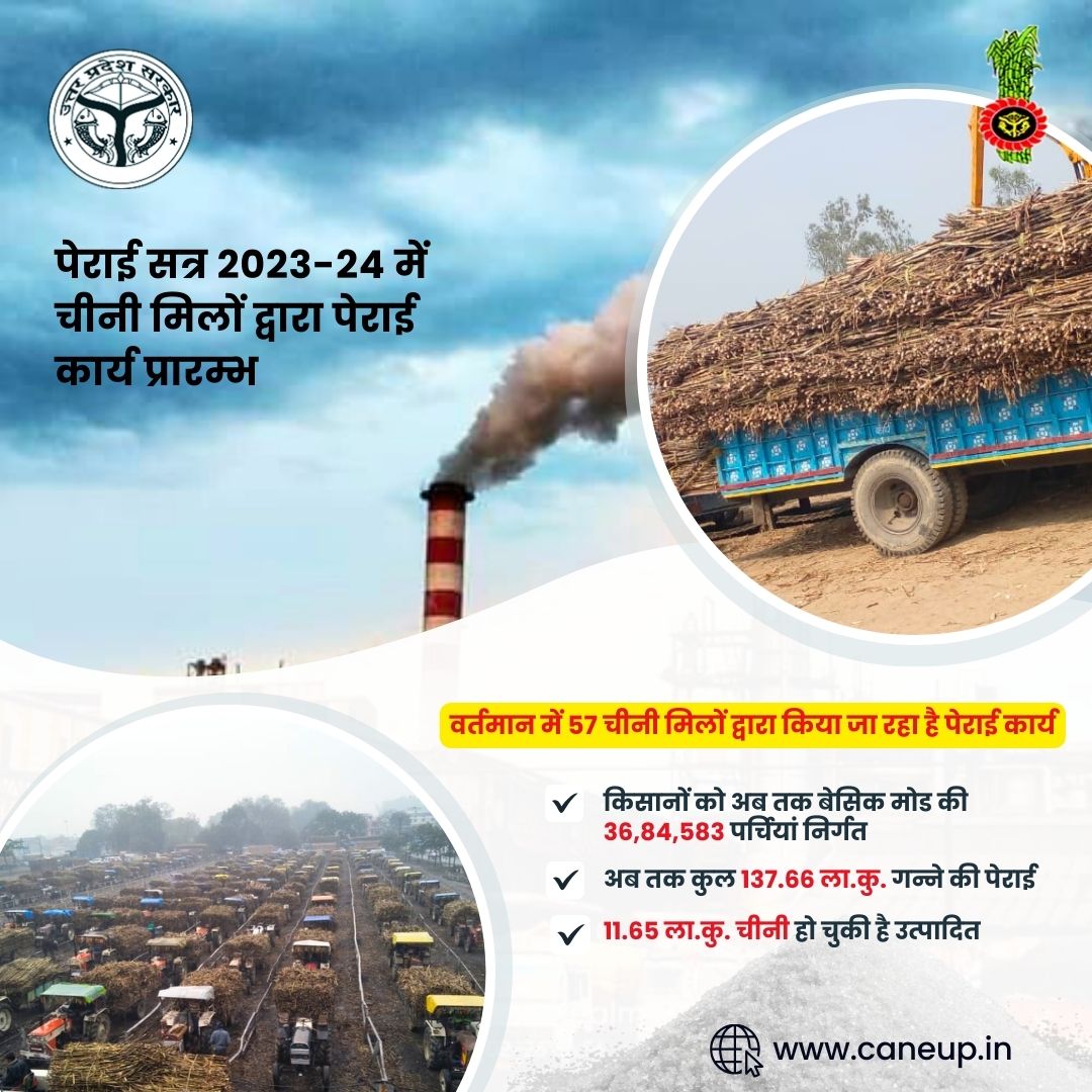 पेराई सत्र 2023-24 में चीनी मिलों द्वारा पेराई कार्य प्रारम्भ,वर्तमान में 57 चीनी मिलों द्वारा किया जा रहा है पेराई कार्य
#canecrushing #gannaperai #upsugarmills 
<a href="/UPCane/">Cane Development UP</a> <a href="/UPGovt/">Government of UP</a>
 <a href="/CMOfficeUP/">CM Office, GoUP</a> <a href="/InfoDeptUP/">Information and Public Relations Department, UP</a>