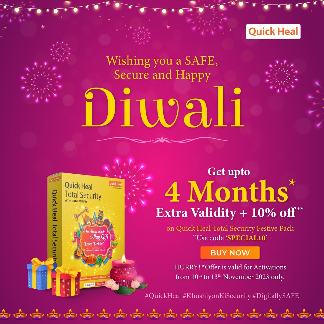 quickheal's tweet photo. Wishing you a SAFE, Secure, and #HappyDiwali! Gift your loved ones 4 Months #ExtraValidity on Quick Heal Total Security - Festive offer valid from 10th to 13th Diwali - https://t.co/C6DT1FO2Sx
#QuickHeal #KhushiyonKiSecurity #DigitallySAFE #FestiveSeason #Extra4Months https://t.co/h8tXCI40KU