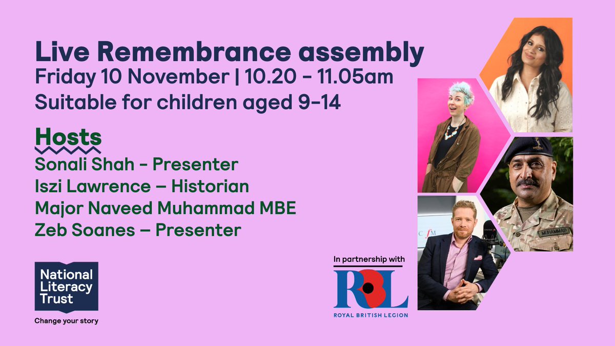 Our #Remembrance Live Assembly with <a href="/PoppyLegion/">Royal British Legion</a> is tomorrow morning. Promoting literacy, art, history and PSHE to mark Remembrance, this unique interactive, online event is not to be missed. 
Suitable for upper Key Stage 2 and Key Stage 3.
Sign up: literacytrust.org.uk/resources/reme…
