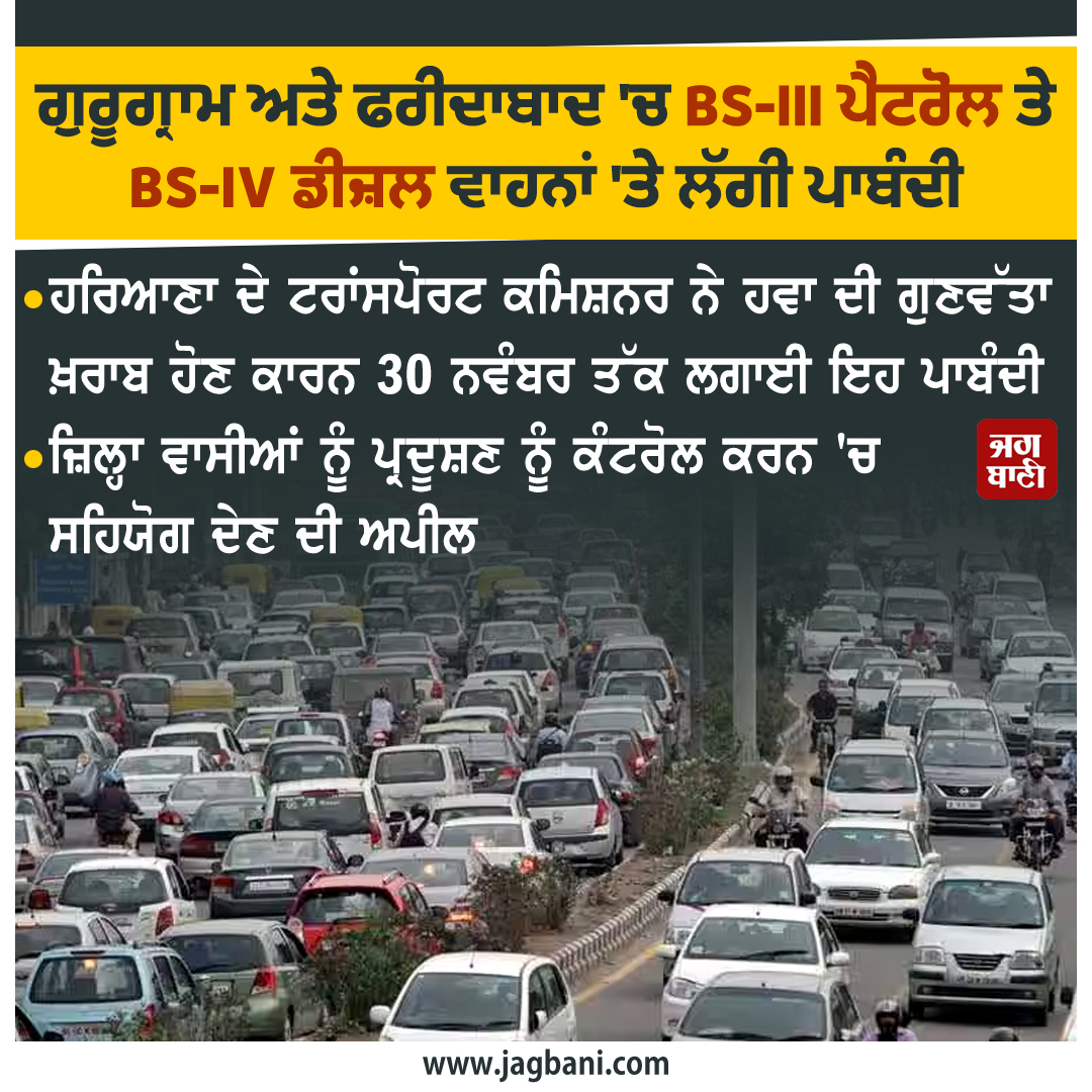 JagbaniOnline's tweet photo. ਗੁਰੂਗ੍ਰਾਮ ਅਤੇ ਫਰੀਦਾਬਾਦ 'ਚ BS-III ਪੈਟਰੋਲ ਤੇ BS-IV ਡੀਜ਼ਲ ਵਾਹਨਾਂ 'ਤੇ ਲੱਗੀ ਪਾਬੰਦੀ
#AirPpollution #Gurugram #Faridabad #BSIII #Petrol #BSIV #Diesel #Vehicles #Ban #PetrolDieselVehicles #Jagbani https://t.co/C2KfGN0X82
