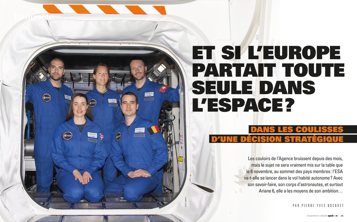 Réunis à Séville le 6 novembre, les États membres de l’#ESA ont décidé de développer un véhicule cargo pour faire transiter du fret vers l’ISS via Ariane6. Et bientôt des humains? Depuis quelques mois en tout cas, l’idée d'un vol habité autonome circule 👉 epsiloon.com/tous-les-numer…