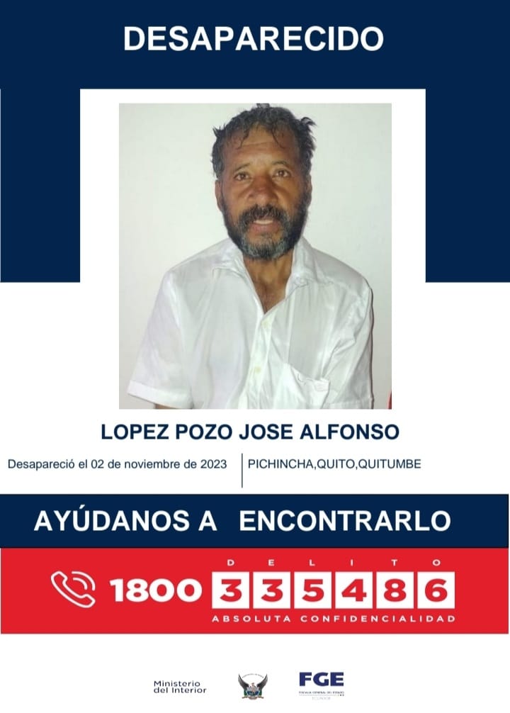 ecuainm_oficial's tweet photo. ‼️#URGENTE
José Alfonso López Pozo se encuentra desaparecido desde el 02 de noviembre. Fue visto por última vez en el sector de Quitumbe al sur de Quito. 
Si tienes información comunícate al 1800 DELITO (335486). https://t.co/IRzIfarhva