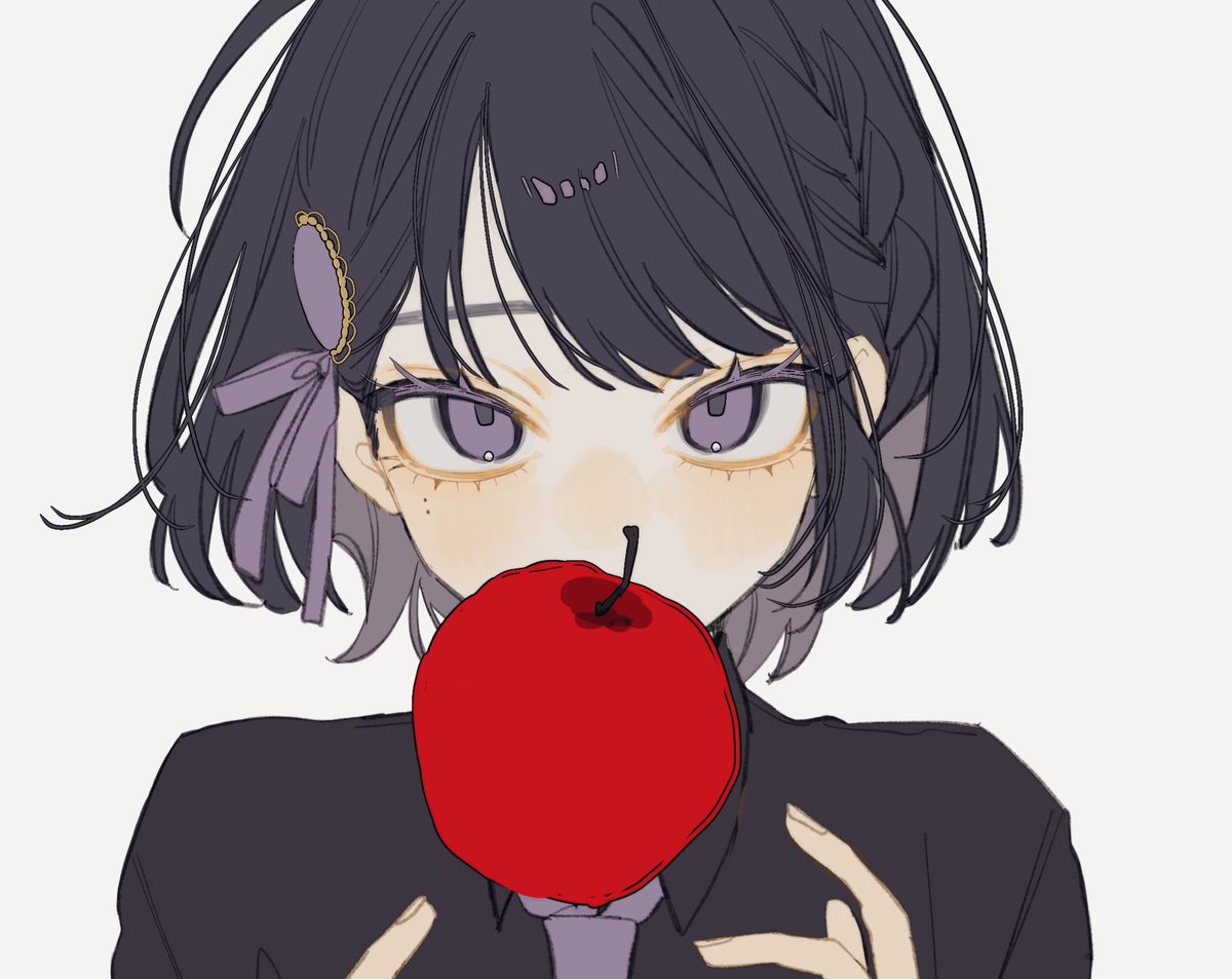 1girl food solo apple fruit looking at viewer necktie  illustration images