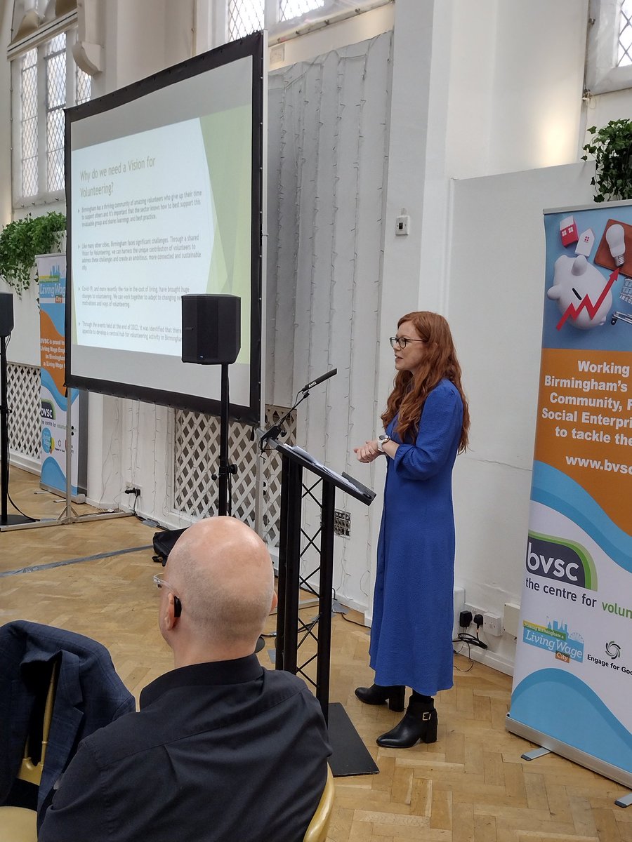 BVSC's tweet image. Becky, our new #VisionforVolunteering Implementation Manager urges delegates to consider barriers people may face to #volunteering. Consider offering expenses and flexibility to help around #costofliving. 
#BrumVolunters #HelpinBrum