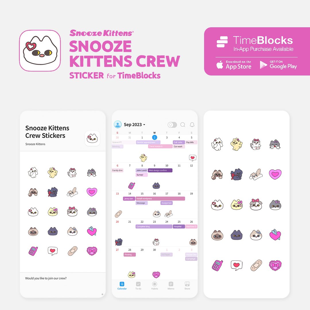 SnoozeKittens's tweet image. 스누즈키튼즈 X 타임블럭스, 스누즈키튼즈 CREW 타임블럭스 테마와 스티커가 출시되었어요!💗
타임블럭스는 모바일에서도 쉽게 스케줄링 할 수 있는 다이어리앱이에요. 앱내 스토어에서 스누즈키튼즈 테마와 스티커를 만나보세요.(인앱구매)🛒

@GetTimeBlocks #스누즈키튼즈 #타임블럭스 #TimeBlocks