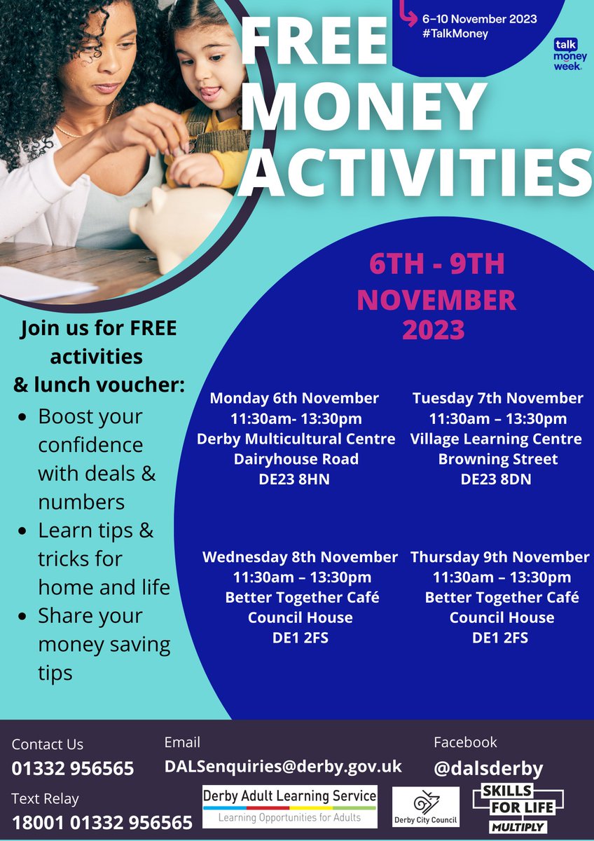 Come on down to the ⭐️Better Together Café⭐️in the Council House, until 1:30pm today to find out about:

- ways to save money
- ways to save energy
- money tips

Take part in our activities and receive a voucher for a FREE lunch! 😋

#TalkMoney 
<a href="/DerbyCA/">Community Action Derby</a> <a href="/DerbyCC/">Derby City Council</a> <a href="/BBCRadioDerby/">BBCRadioDerby</a>