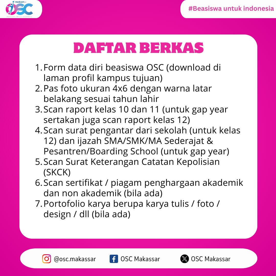 OSCMakassar's tweet photo. Halo sobat OSC!!!
Udah pada tahu belum seleksi apa yang akan kalian lewati setelah dinyatakan lolos dari online tes Beasiswa OSC kemarin? Yaps bener, adalah seleksi berkas😻

BERKAS APA SAJA SIH YANG PERLU DI PERSIAPKAN DALAM SELEKSI INI?🤔 https://t.co/a6BrALNuCu