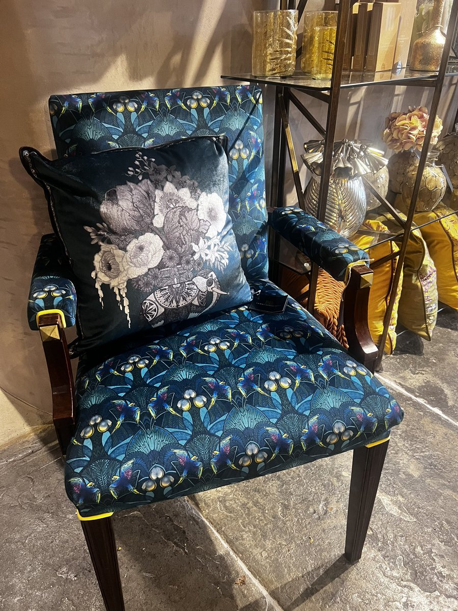 How beautiful is this antique chair reupholstered in stunning fabric by @LlewelynBowen  - visit our showroom in Moreton in Marsh - Open daily - except by appointment on Tuesdays #interiors #design #retail #cotswolds