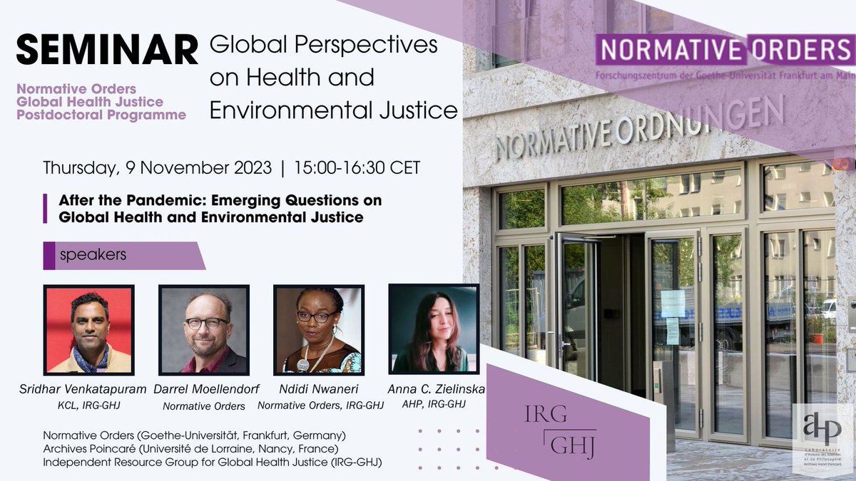 For those interested, the <a href="/IRG_GHJ/">IRG-GHJ</a>  and the Département de philosophie de l'Université de Lorraine are hosting a new webinar today 9 Nov, 15.00-16.30 CET (UTC+1) entitled 'After the Pandemic: Emerging Questions on Global Health and Environmental Justice'
sciencespo.zoom.us/j/95501063328