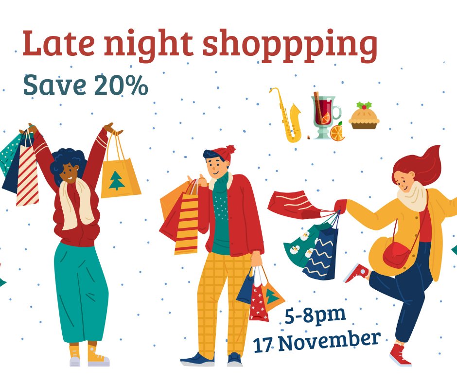 Please join us 5-8pm on Friday 17th November for some  festive late night shopping, with:
🌟20% off your Christmas decs, gifts and gardening goodies*
🍷Complimentary mulled wine and mince pies
🎷Seasonal saxophone by Talisa Yorke 
*see website for exclusions.
