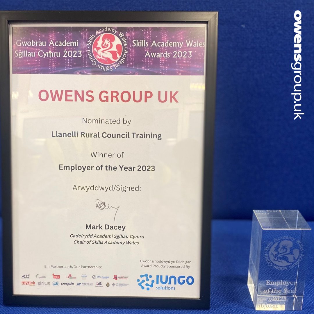 We are thrilled to announce that Owens Group has been awarded 'Employer of the Year' at Skills Academy Wales' Work-Based Learning Partnership Awards 2023!🏆 A heartfelt thank you to our apprentices, mentors & the entire Owens Group family for making this achievement possible🙌