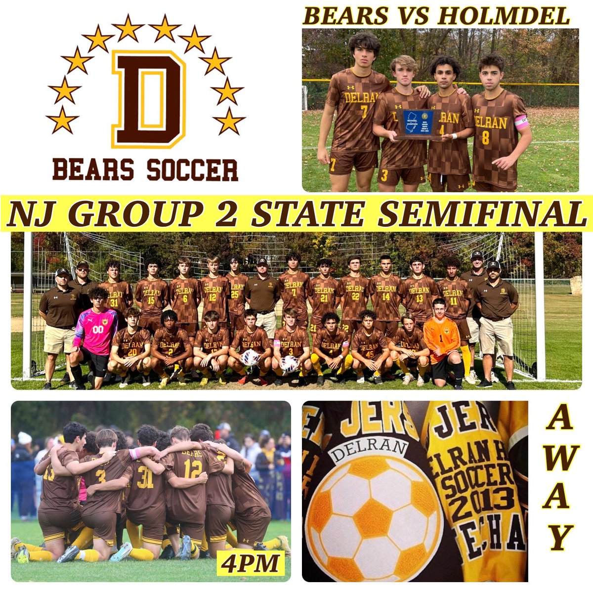 GAMEDAY‼️ 🐻⚽️😤
NJ GROUP 2 STATE SEMIFINALS. 

COME OUT AND SUPPORT THE BOYS‼️

🆚 Holmdel
⏰ 4PM 
📍@ Holmdel HS 

Prepare. Sacrifice. Earn. Win. 
#BearsSoccer