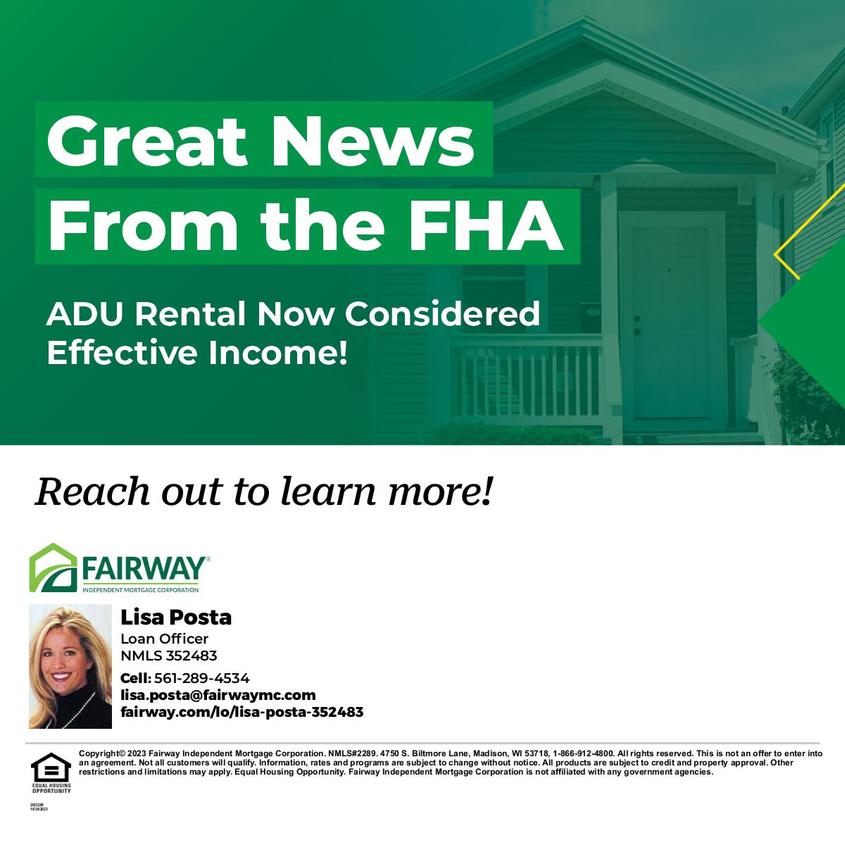 LKislia's tweet photo. Great news from the FHA! Moving forward, the FHA will consider rental income earned from an additional dwelling unit (ADU) as effective income when qualifying for a forward mortgage. #firsttimehomebuyer #floridahomebuyer #floridamortgage #firsttimeinvestment https://t.co/HwZqnx6T9n