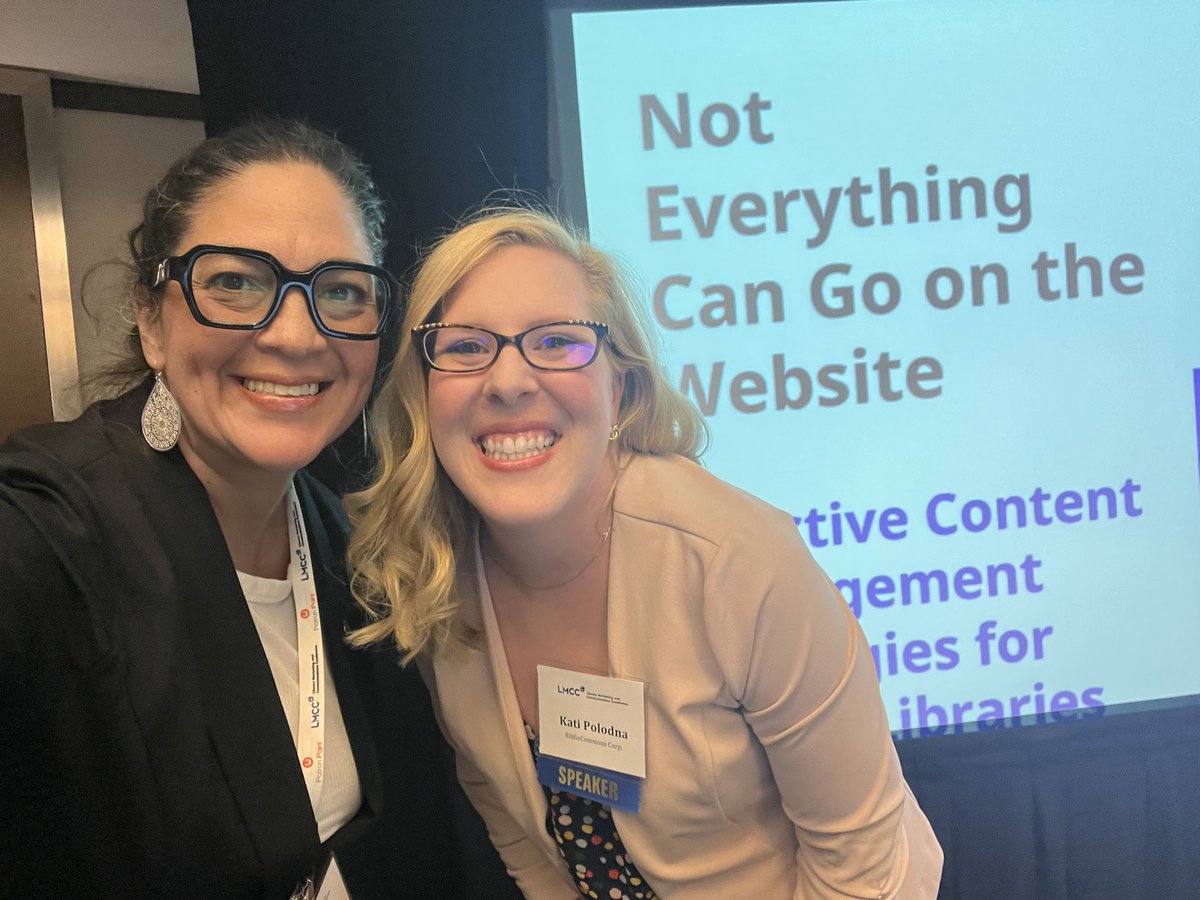 StrangeClaudia's tweet photo. Had so much fun presenting at  #lmcc2023, with my awesome @bibliocommons buddy Kati Polodna!  Love to spread the good word that “Not everything can go on the website!” Looking forward to day 2 of @LibMarComConf! https://t.co/WjsV5xbUnp